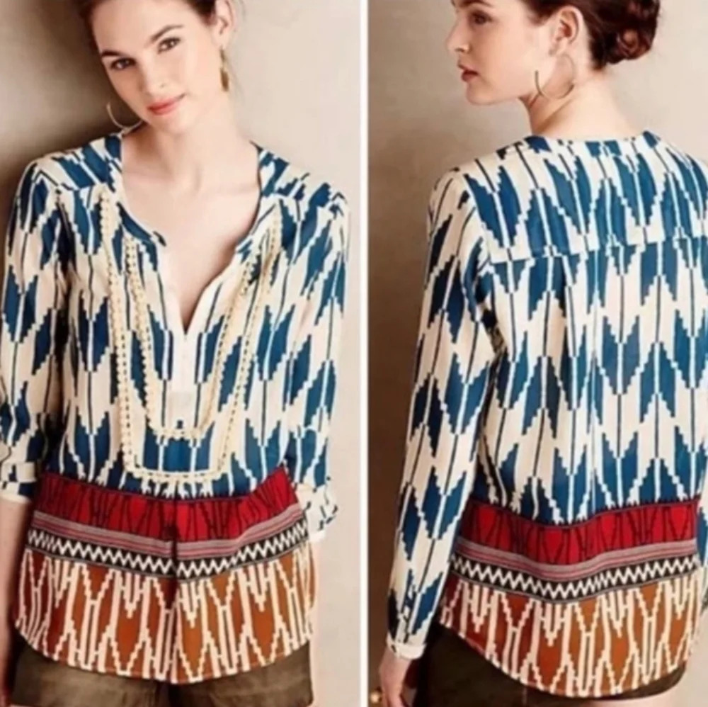 Anthropologie Maeve Rohana Embellished Henley Top Ikat‎ Print Size 0